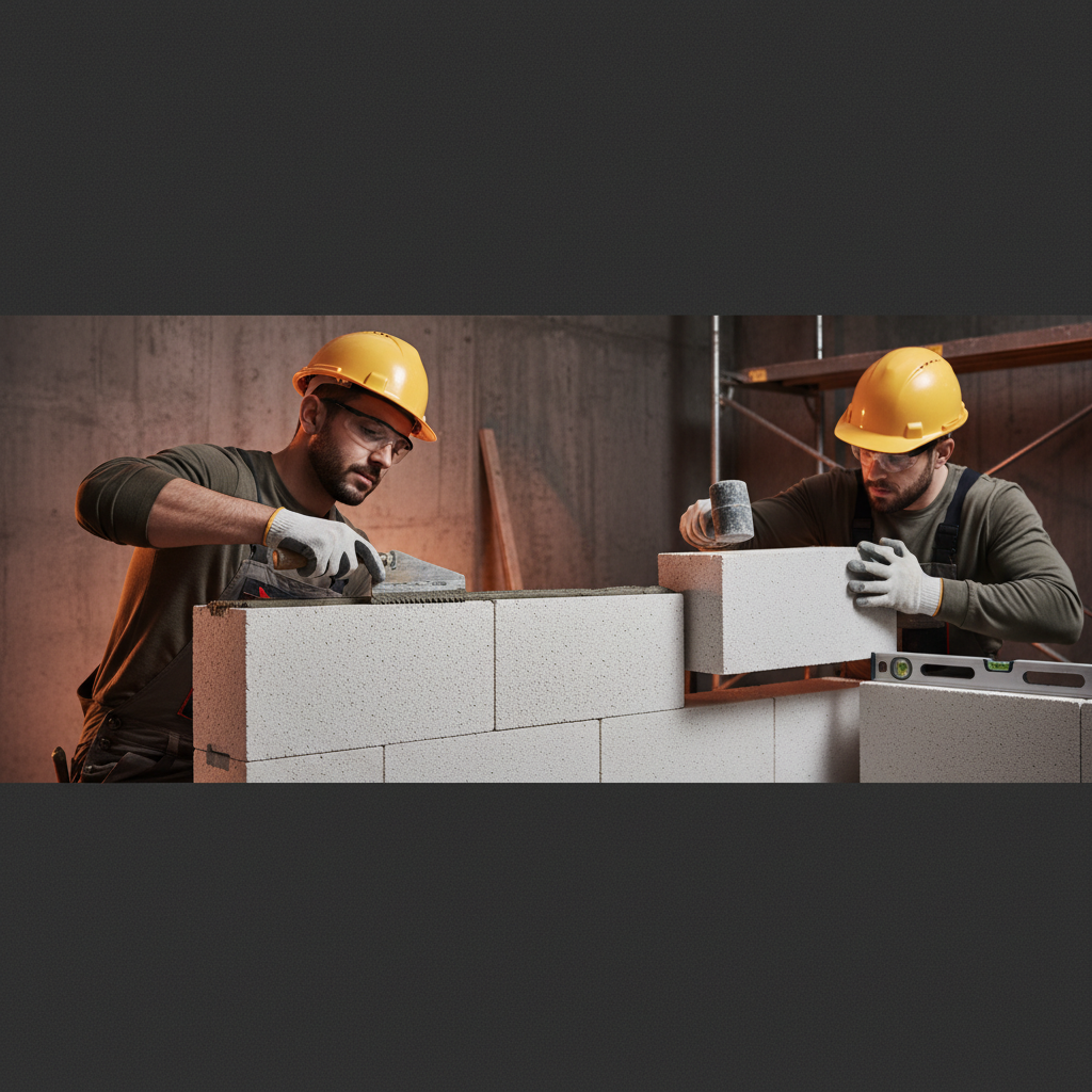 Skilled workers installing AAC blocks using adhesives on construction site