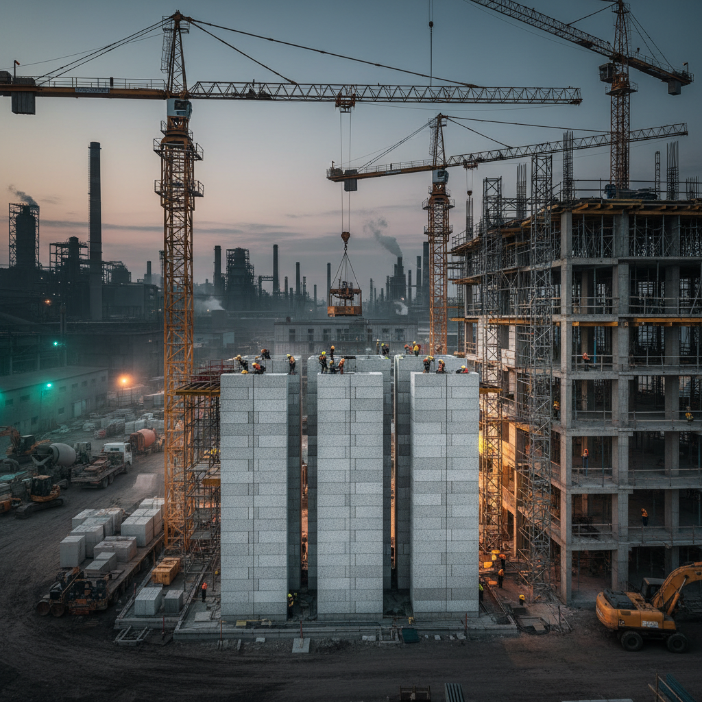 Construction site with AAC blocks and industrial machinery in Pune