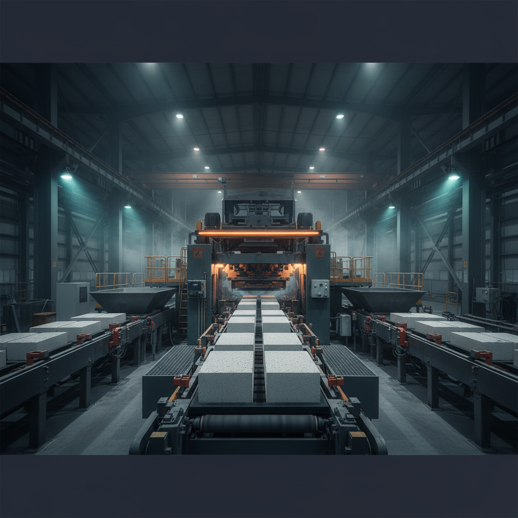 AAC block making machine producing concrete blocks in construction facility