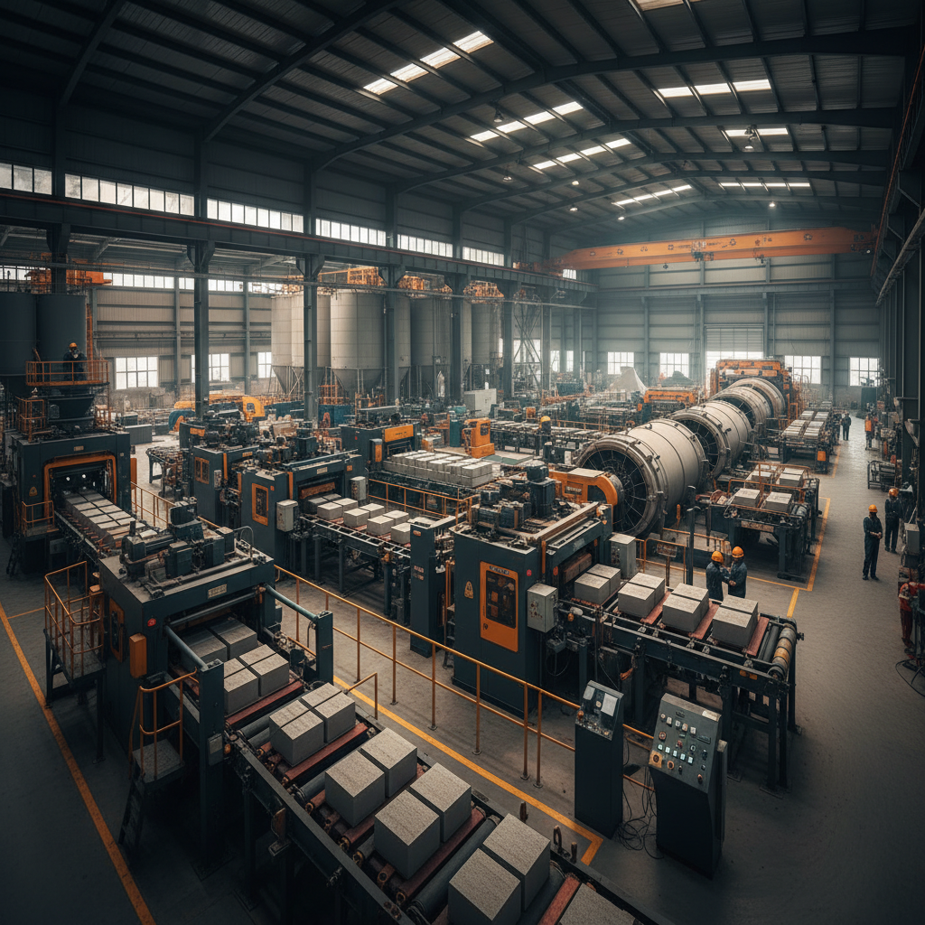 Ultra-wide AAC block manufacturing plant interior with industrial machinery
